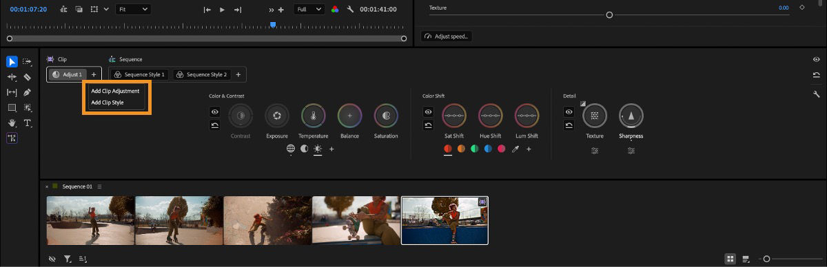 Menu showing options to add Adjust or Style operations in the Color Tools panel.
