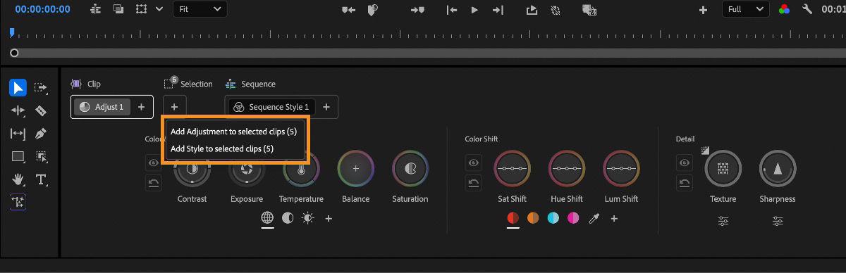 Menu showing options to add adjustment or style to selected clips in the Color Tools panel.