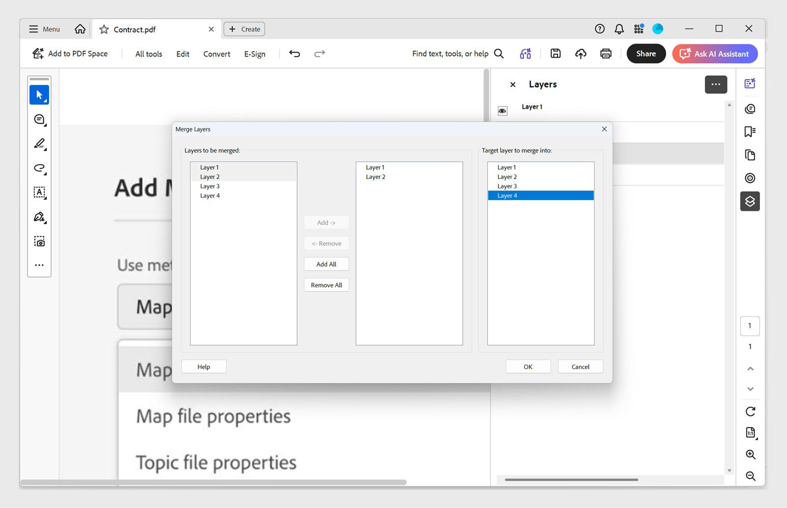 Merge Layers dialog box showing lists of available layers, selected layers to merge, and the target layer panel.