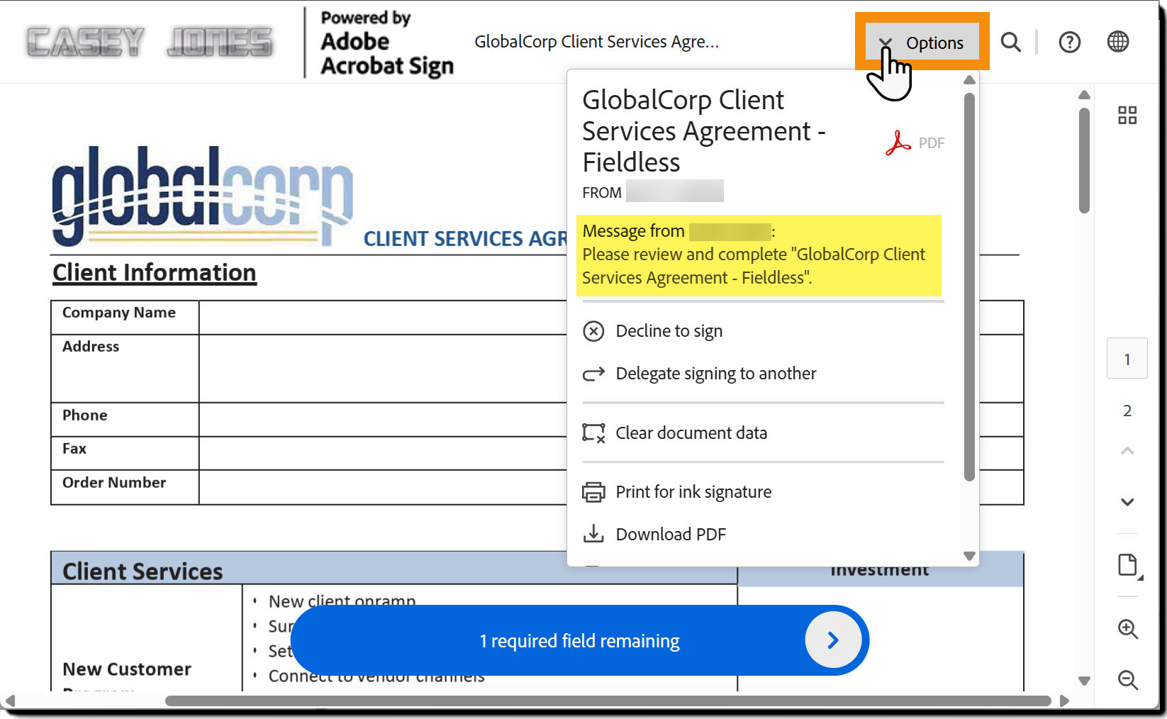 the e-sign page highlighting the Message icon and exposing the Message and Private Message.