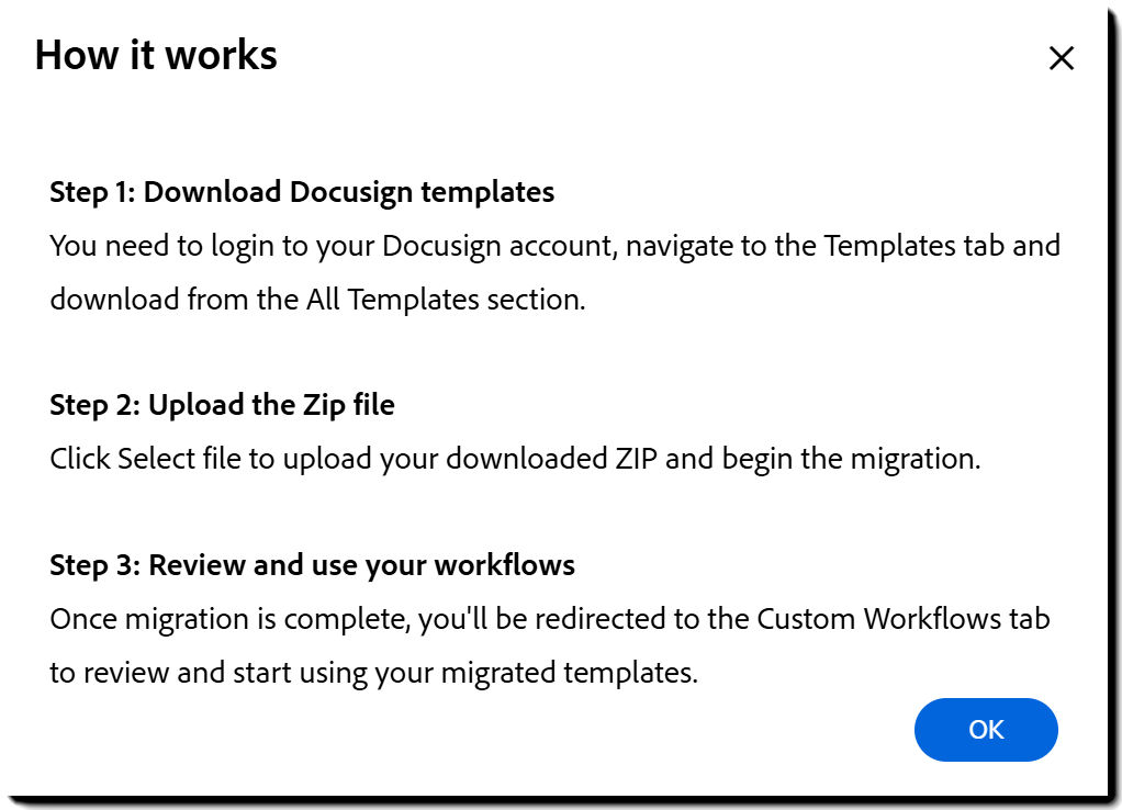 The Migration instructions when opening the wizard
