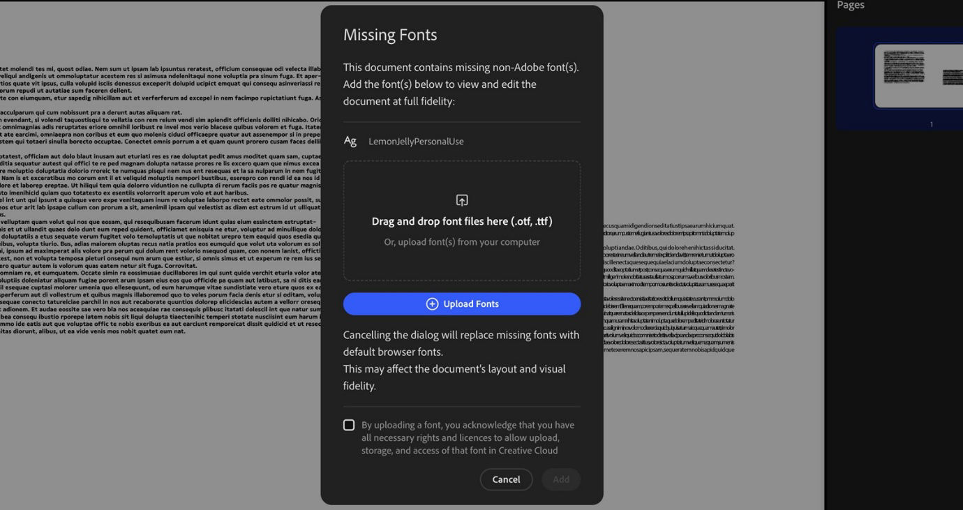 Missing Fonts dialog box is open and is showing drag-and-drop area and Upload Fonts button to add OTF or TTF files.