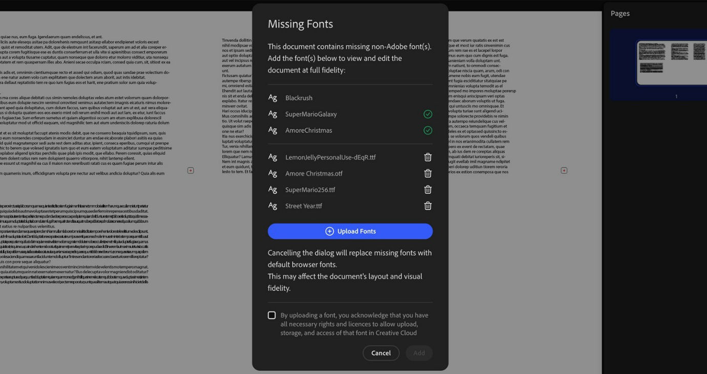 Missing Fonts dialog box shows added fonts with green check marks and delete icons to remove unwanted fonts.