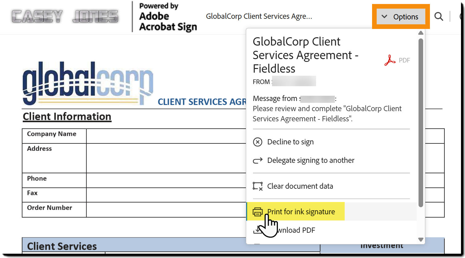 The e-sign page with the Options menu expanded and the "Print, sign and upload" option highlighted.