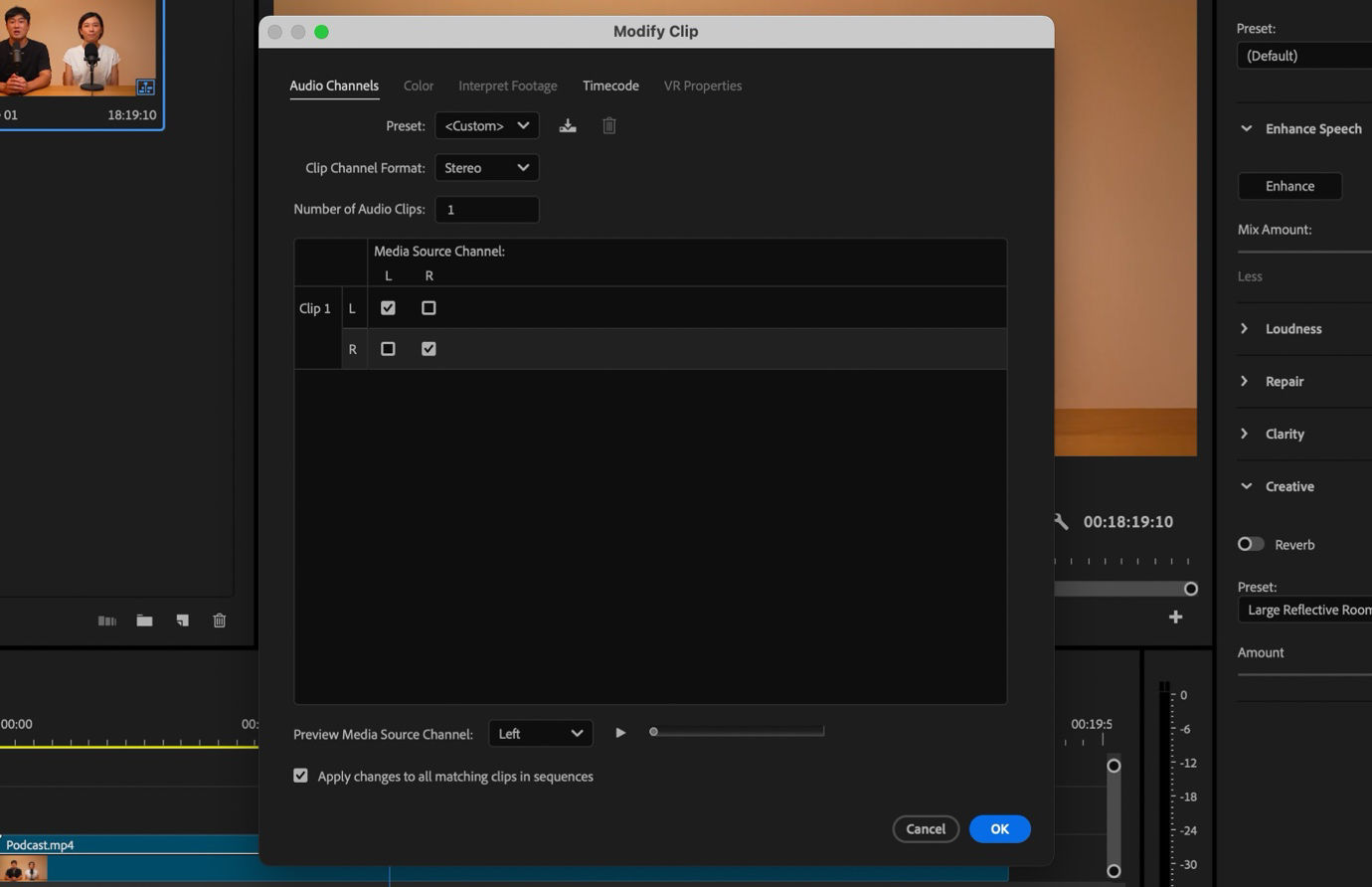 Modify Clip dialog in Premiere Pro showing audio channel mapping options with left and right source channels assigned to a single stereo clip.