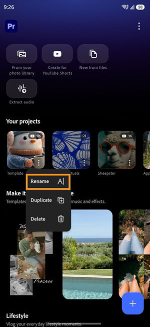 More options menu for a Premiere project showing the Rename option.