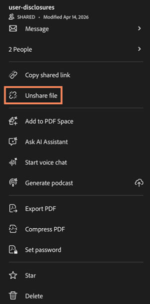 More options menu for a shared PDF showing options including Copy shared link and Unshare file highlighted, along with Add to PDF Space, Ask AI Assistant, Export PDF, and Delete.