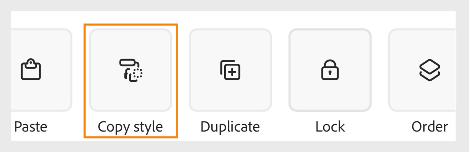 More panel in Adobe Express displaying editing options, Paste, Copy style (highlighted), Duplicate, and Lock indicating the option to copy the text formatting in your design.