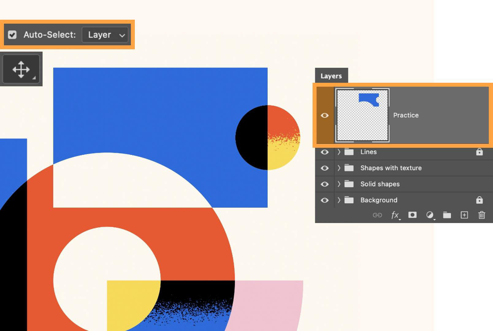 Move tool and Auto-Select option is upper left, the layers panel is to the right. A portion of Ray’s composition is behind.