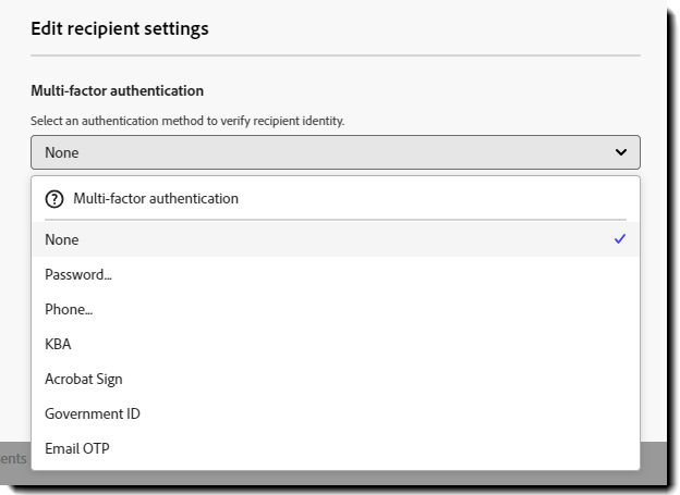 The "Recipient settings" option opened with "Multi-factor authentication" expanded