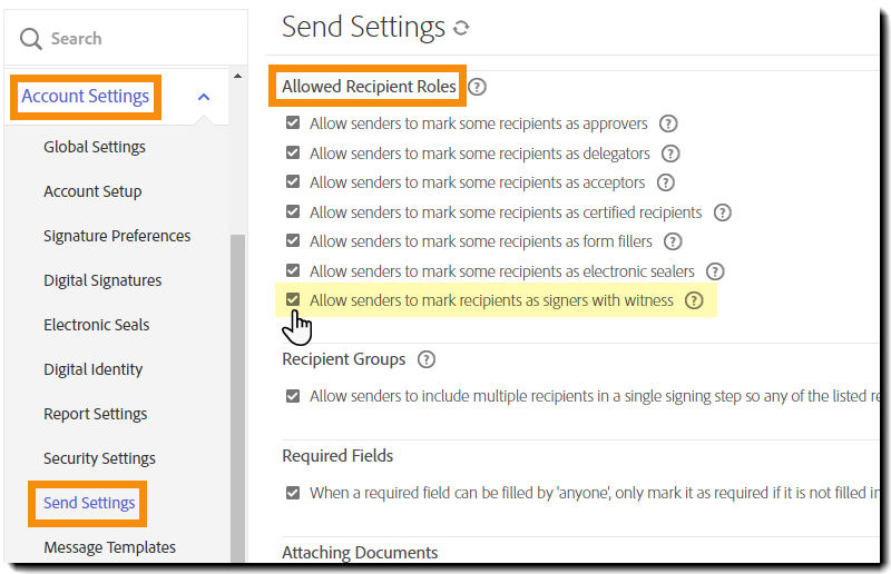 The Send Settings admin menu highlighting the "Allow senders to mark recipients as signers with witness" control.