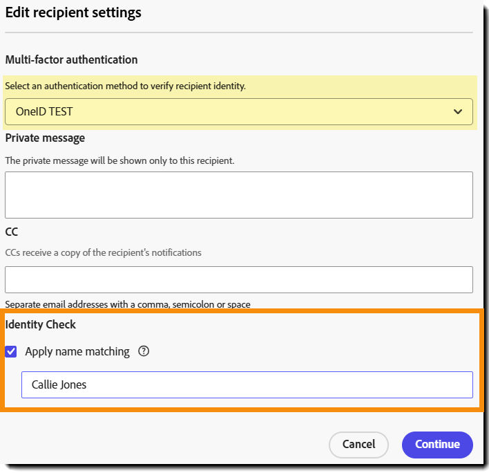 The senders view of the recipient settings when name checking is allowed