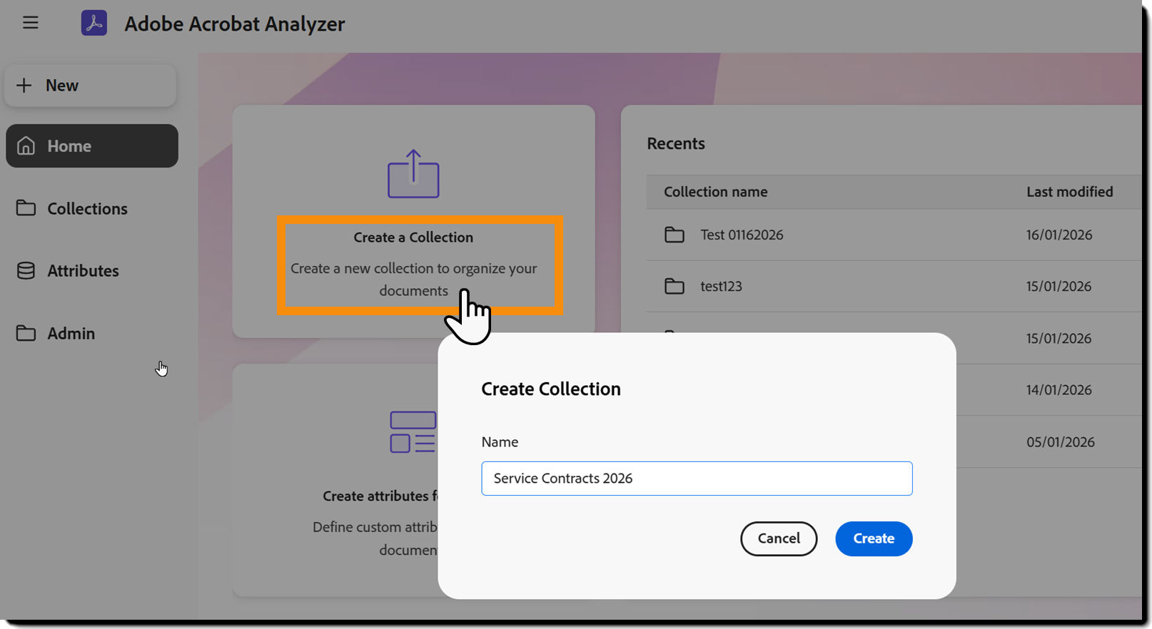 The "Home" page with the "Create a collection" tile highlighted, and the panel to name the new collection exposed.