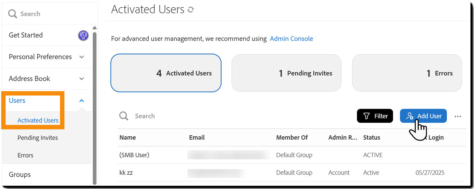 The Activated Users page with the Add User button highlighted.