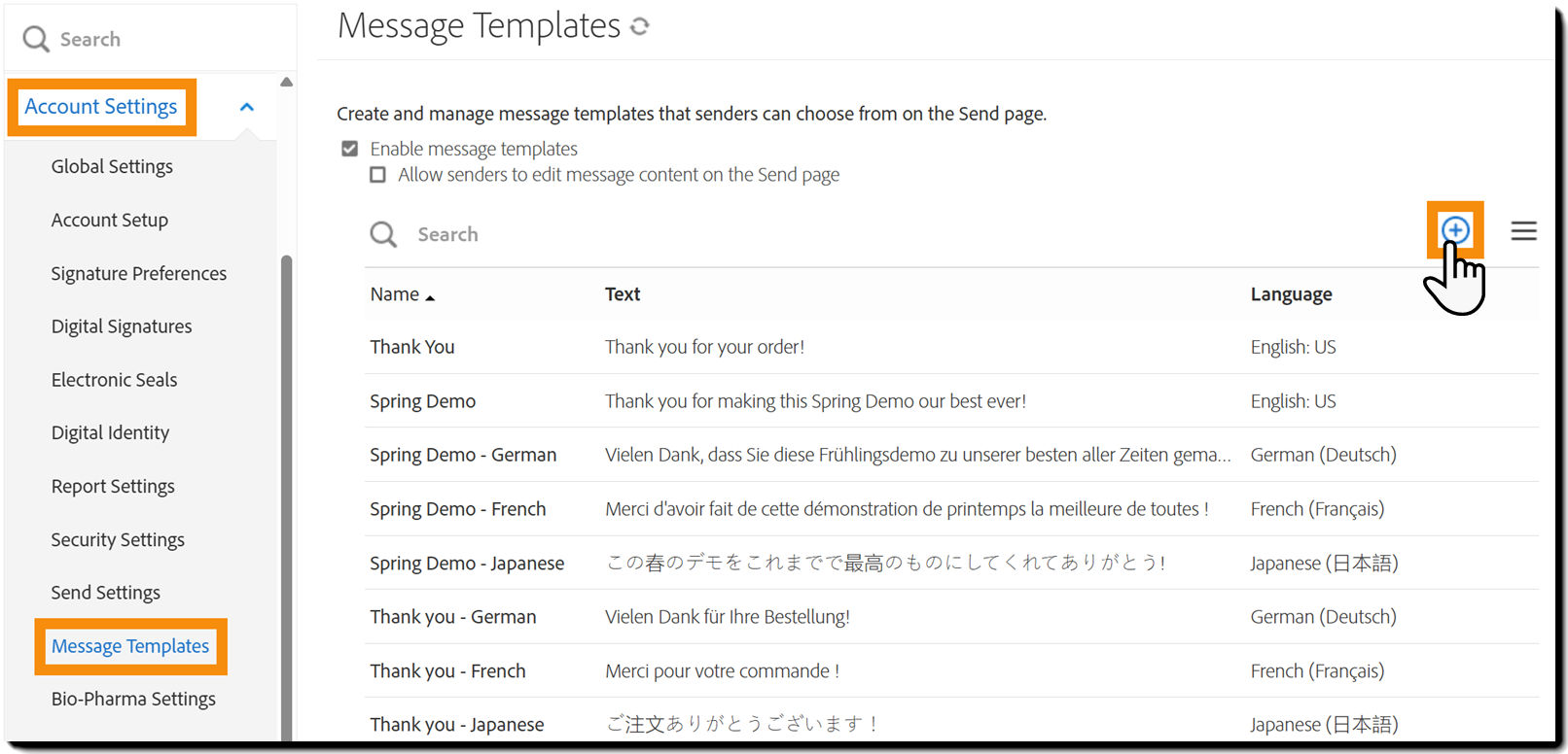 The Admin menu with the MEssage Tempaltes menu highlighted