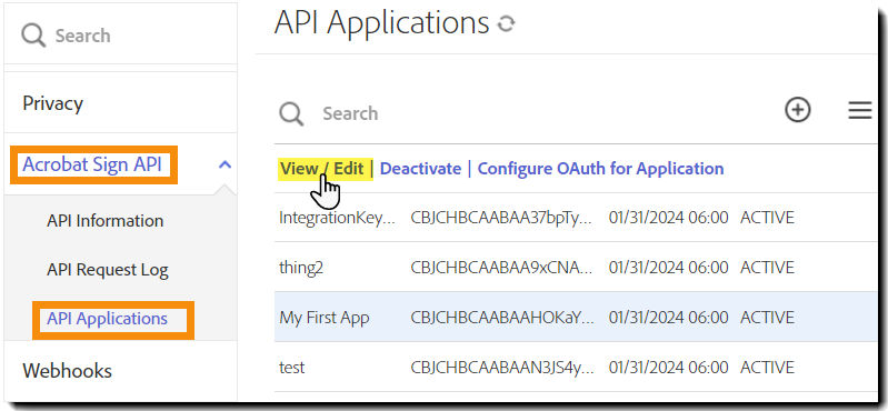 The API Application page with the application selected and the actions exposed.