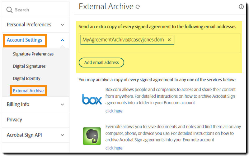 Navigate to the external archive controls for individual user accounts