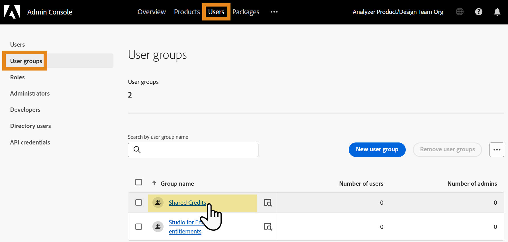 Adobe Admin Console User groups page with the user group associated with Acrobat Shared Credits highlighted.