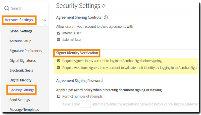 Navigate to the Signer Identity Verification controls