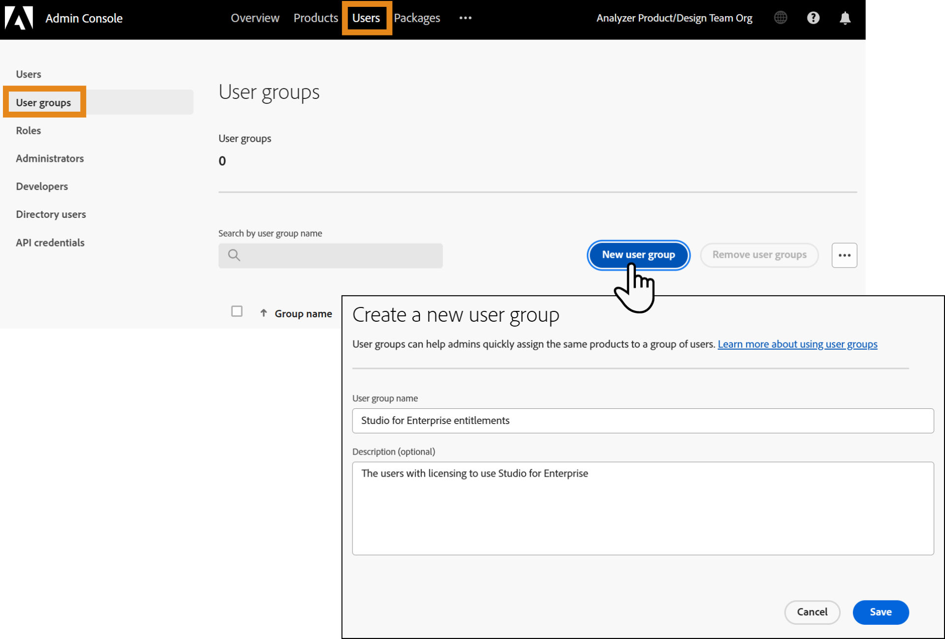 Adobe Admin Console User groups page with New user group highlighted and the Create a new user group panel open.