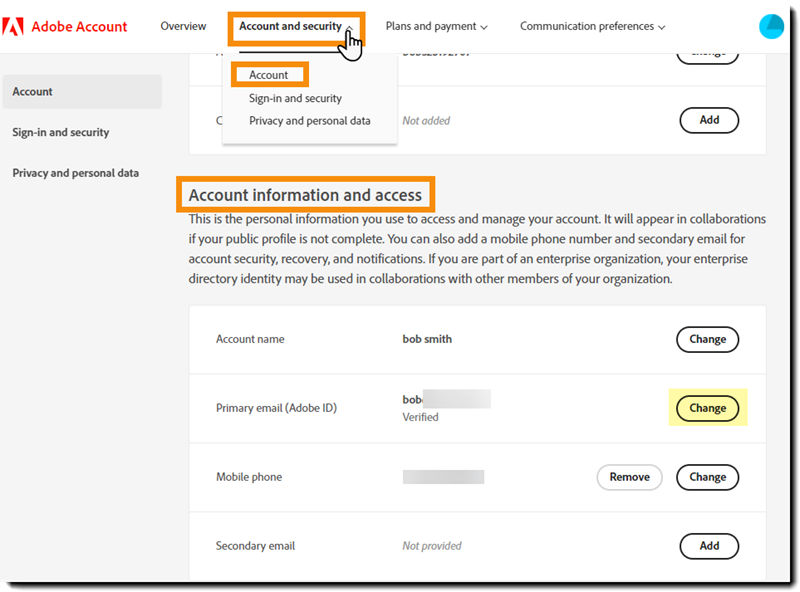 The account information section with the Chage button highlighted