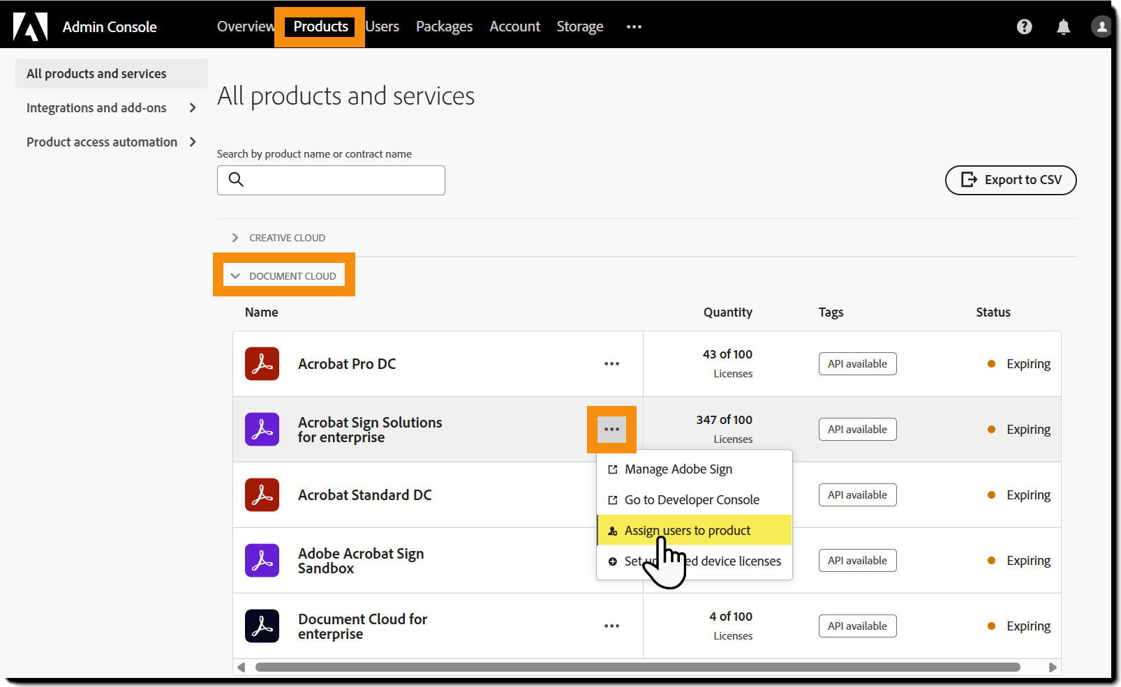 The Product page highlighting the Acrobat Sign service