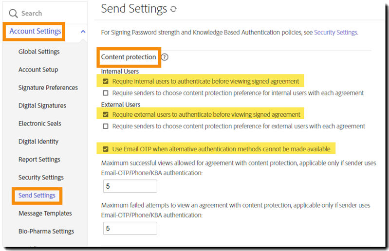 The Send Settings admin menu highlighting the Content Protection controls