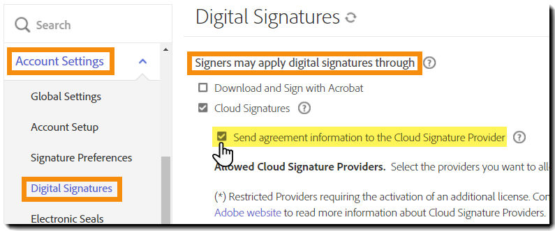 The Digital Signatures page with the setting controls highlighted.