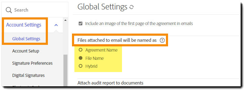 The Global Settings tab with the file naming controls highlighted