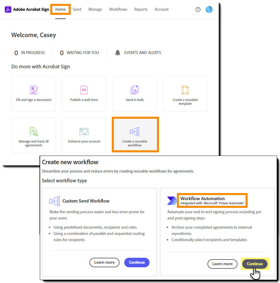 Accès aux workflows à partir de l’onglet Accueil