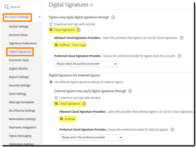 Digital signature controls when Aadhaar is enabled