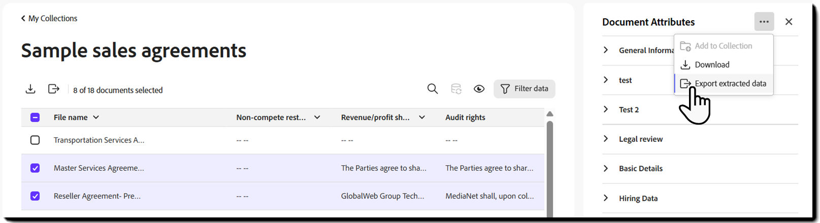 The collections page with the "Document Attributes" panel exposed and the "Export extracted data" menu option highlighted.