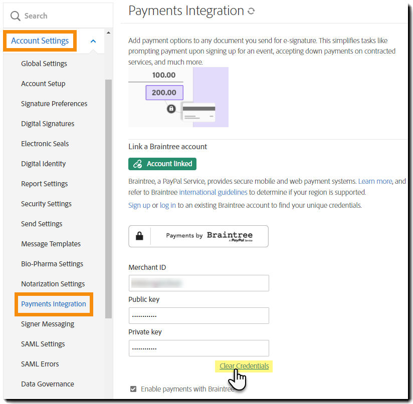 Disable payments - clear credenmtials