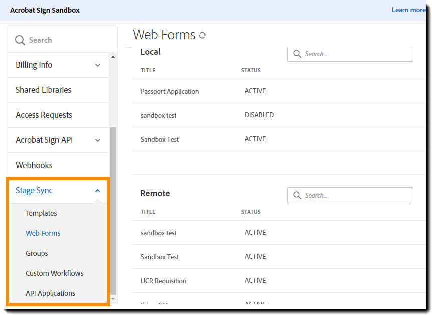 Manage page highlighting the sandbox sync section