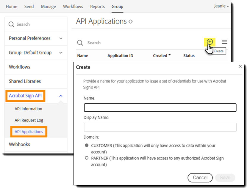 Navigate to the API Applications subment and select Create