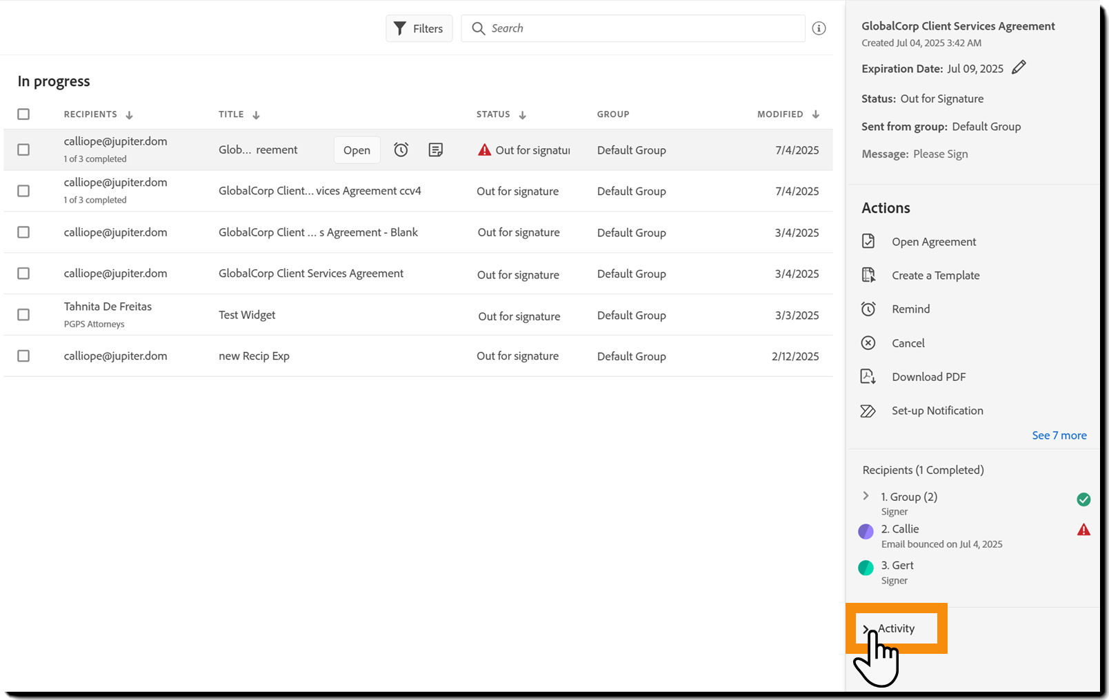 The Manage page with the Activity log link highlighted