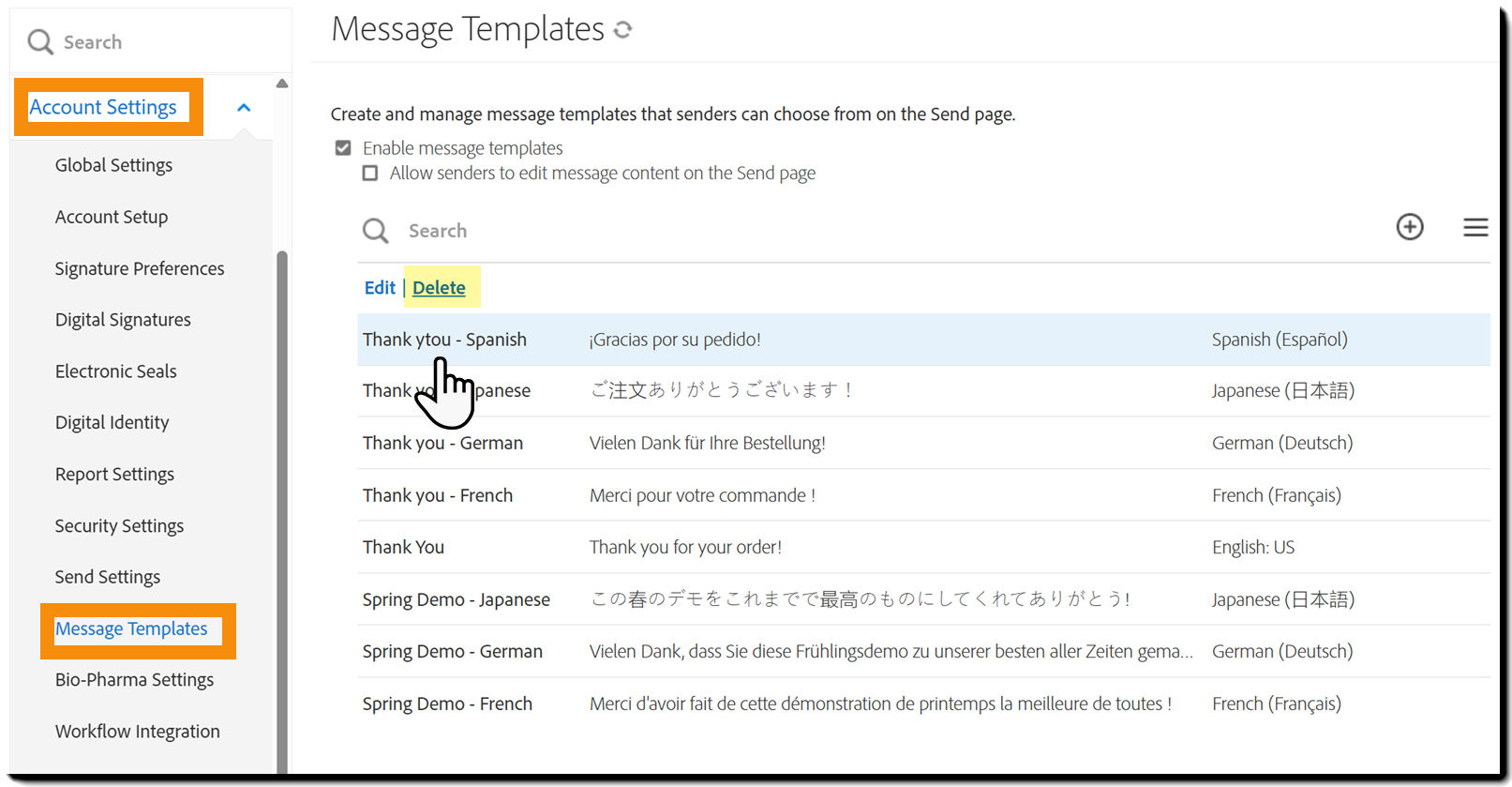 The Message Templates with the Delete link highlighted