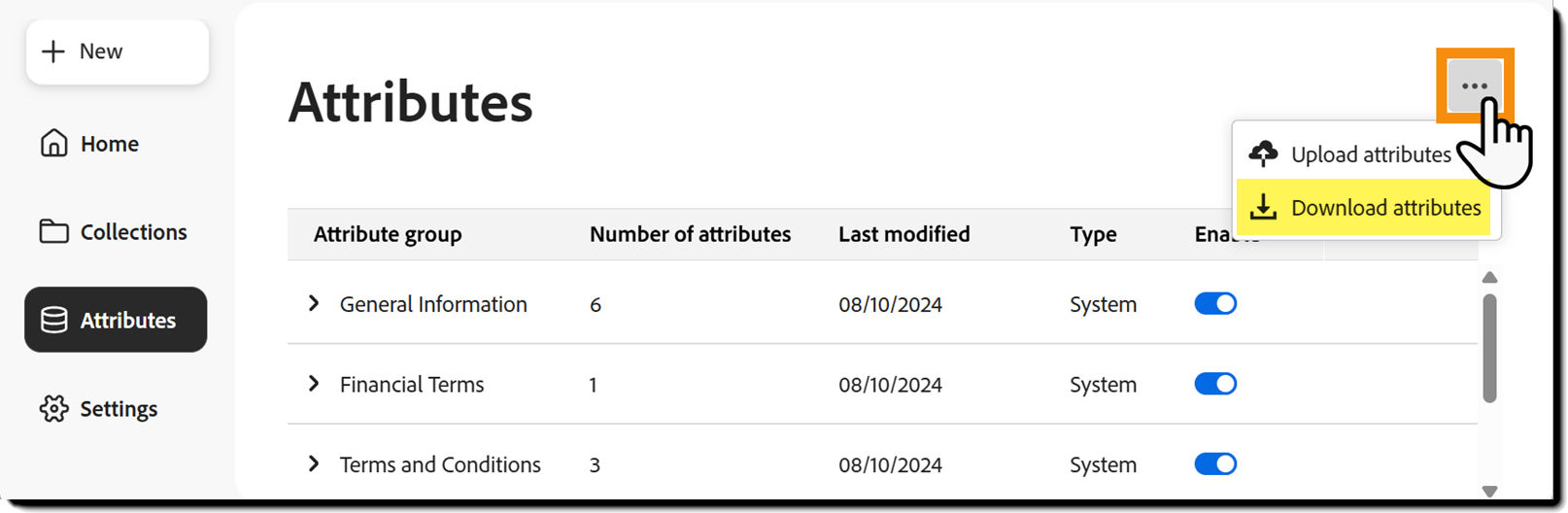 The "Attributes" page with the ellipsis menu expanded and "Download attributes" highlighted