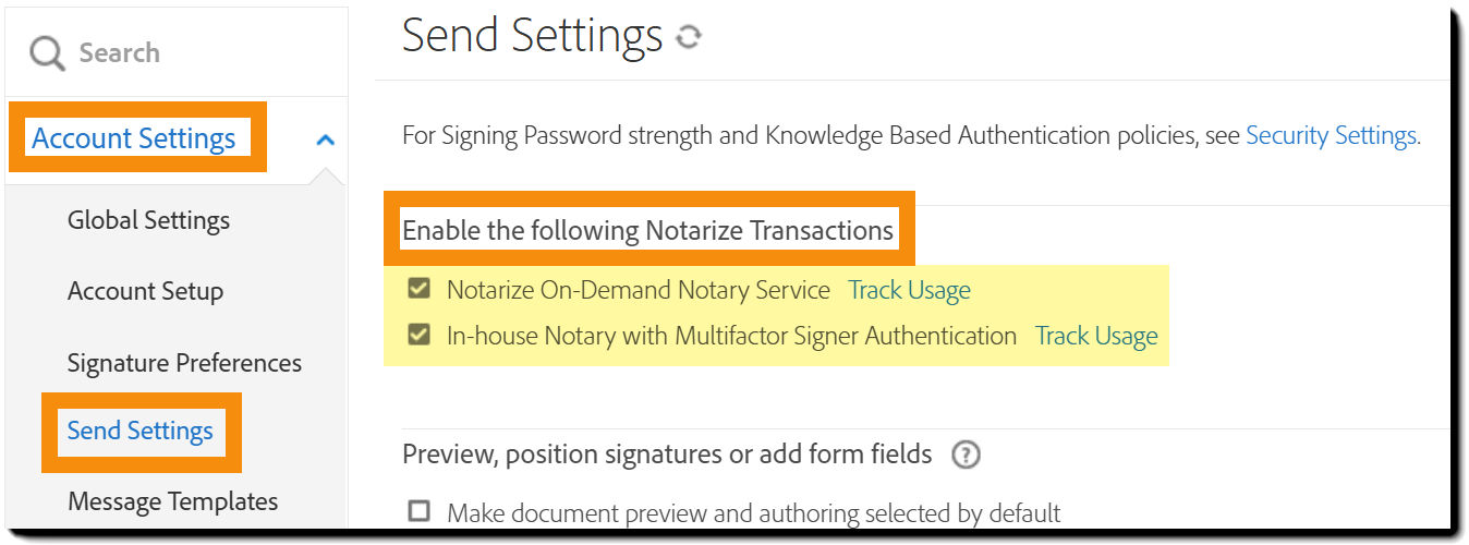 Send Settings page with the Notarize settings highlighted