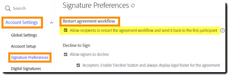 Navigate to the Restart agreement controls