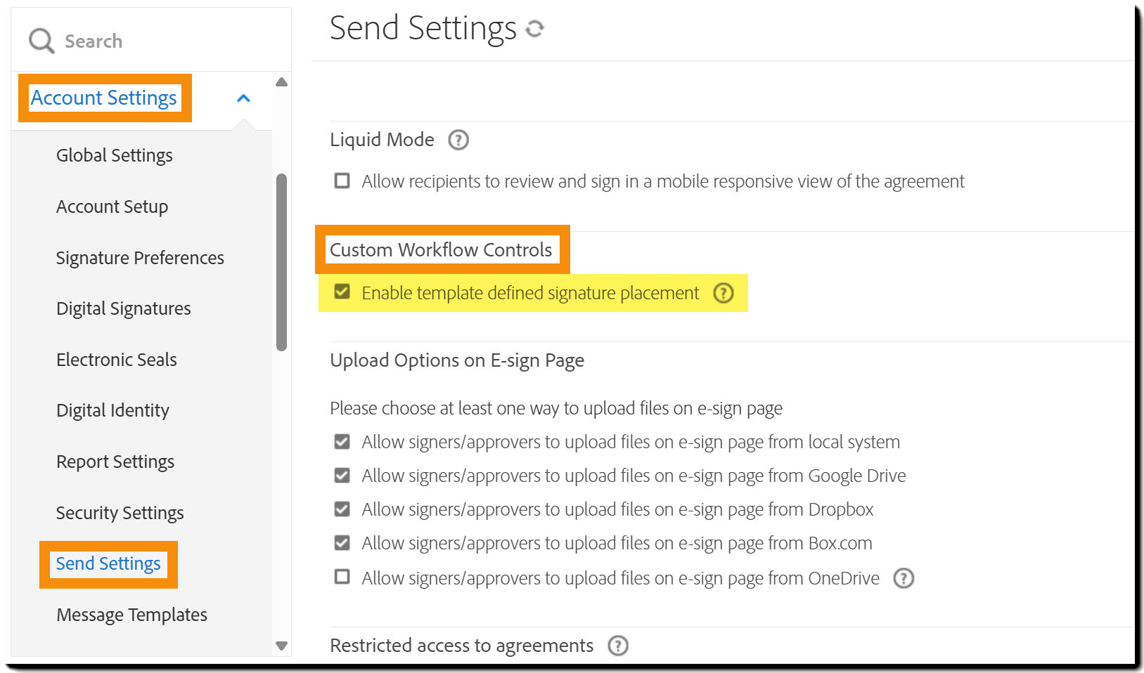 The Send Settings page with the Custom Workflow Controls highlighted
