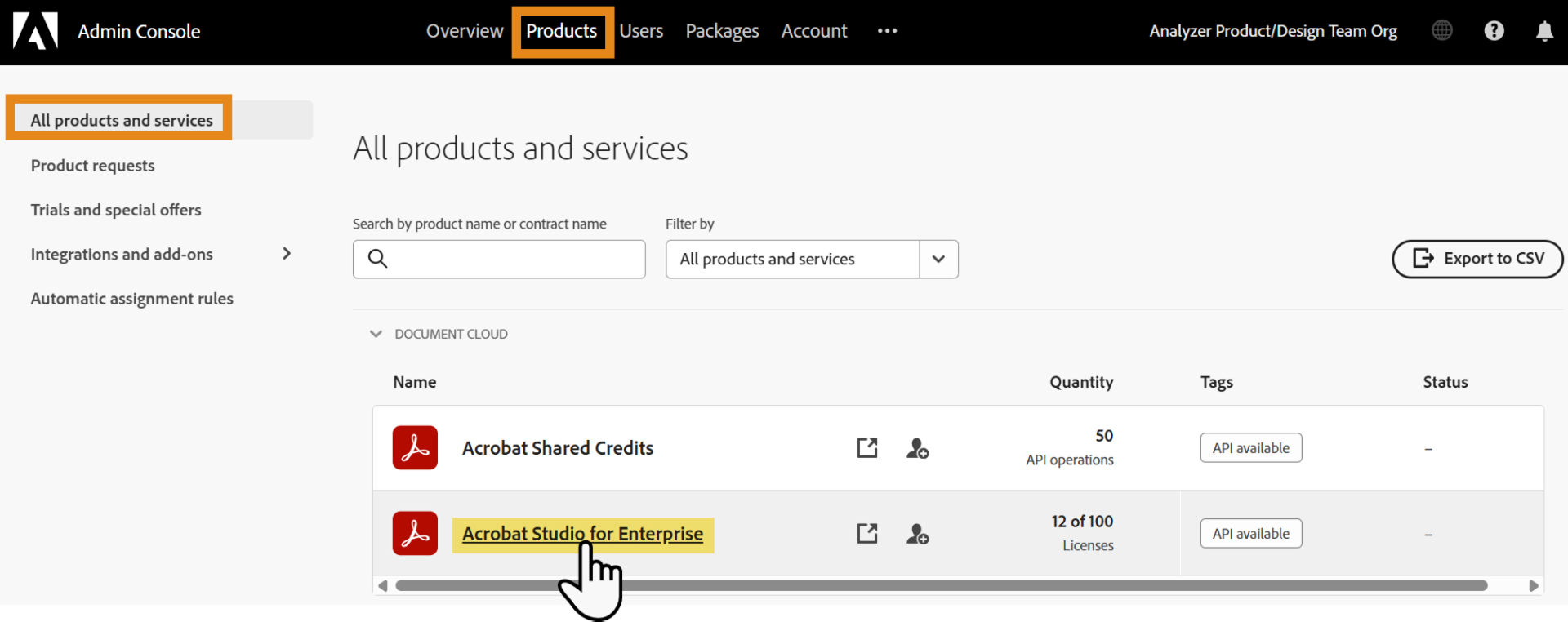 Adobe Admin Console showing Products > All products and services with Acrobat Studio for Enterprise highlighted in the product list.