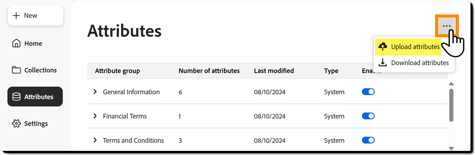 The "attributes" page with the ellipsis menu expanded and the "Upload attributes" action highlighted.