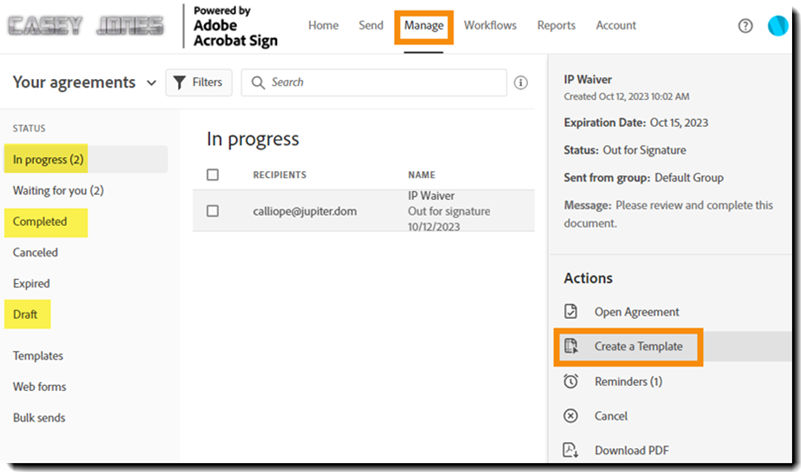 The Manage page with the agreement selected and the Actions list exposed with the Create a Template action highlighted.