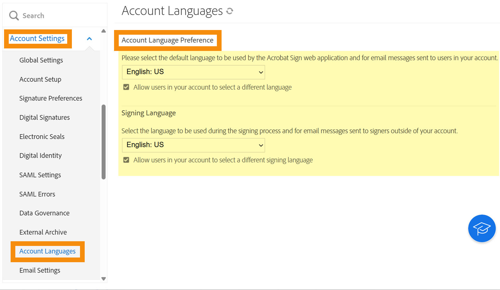 The Account Settings page with the controls highlighted.