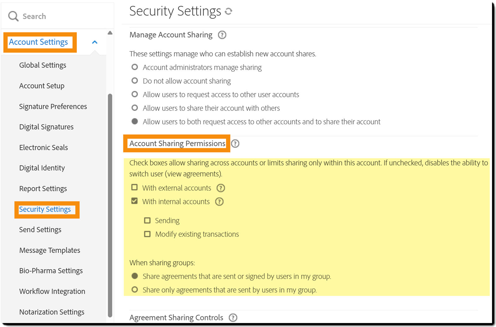 The Security Settings page highlighting the Account Sharing PErmissions controls