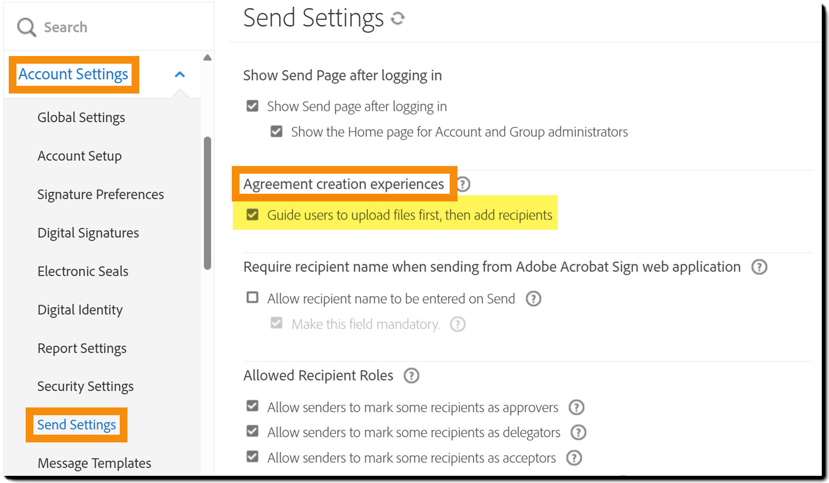 The Send Settings page highlighting the "Agreement creation experiences" controls