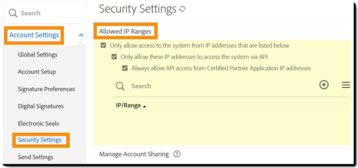The Security Settings page highlighting the "Allowed IP Ranges" set of controls.