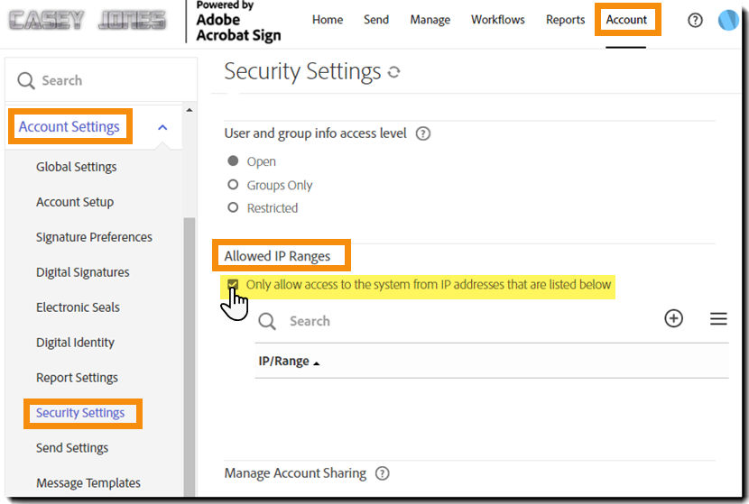 The Security Settings page with the Allow IP Ranges controls highlighted.