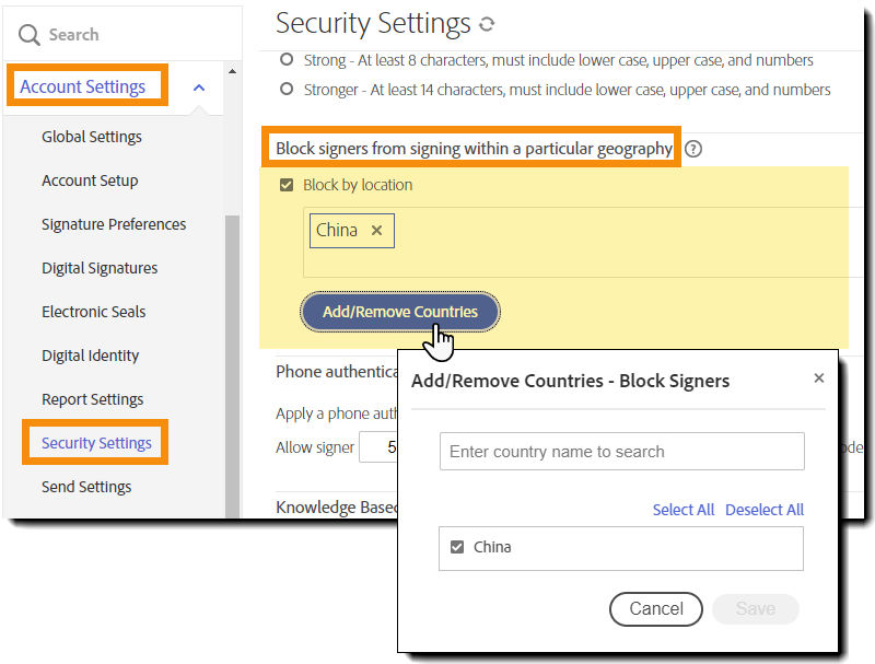 The security Settings page of admin controls highlighting the "Block signers from signing within a particular geography" settings.